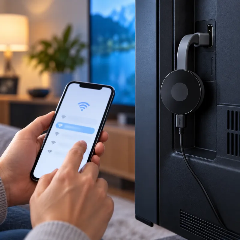 Step 2: PlayVero connected to the television while a Wi-Fi network is selected on a phone