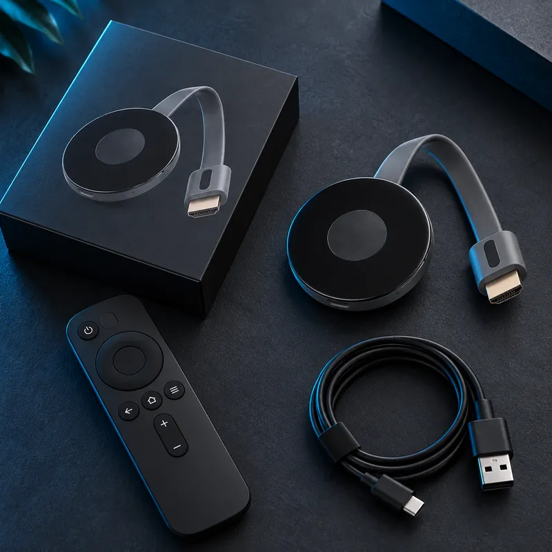 PlayVero TV Box adapter, remote, USB power cable and box arranged together
